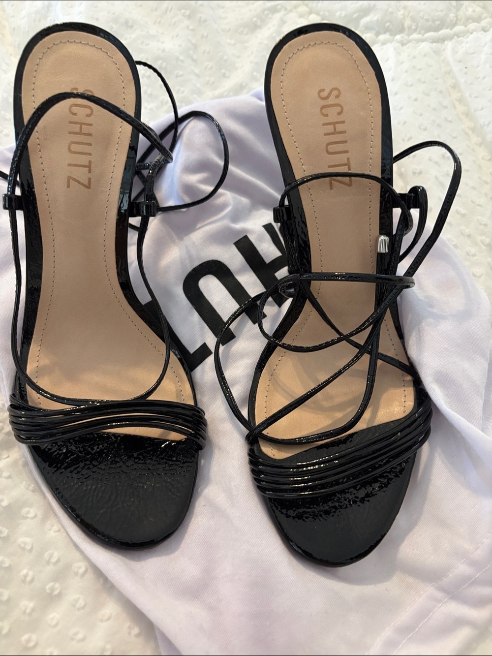 SCHUTZ Black Patent Lace-Up Strappy Heels